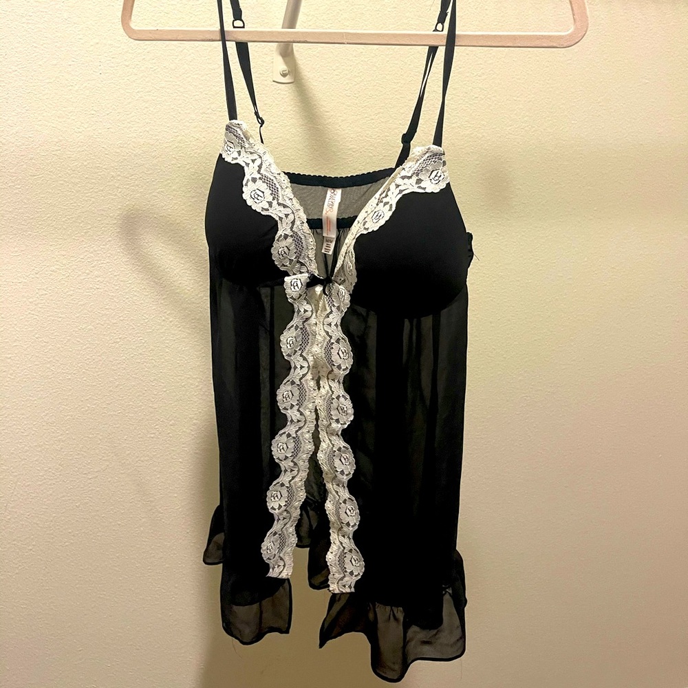 Babydoll sheer black with white lace nightgown